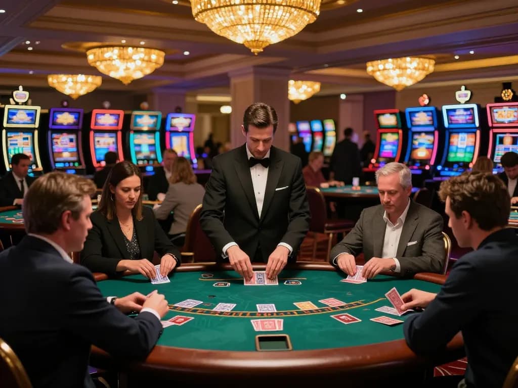 Players enjoy blackjack at TR88 casino, vibrant lights and a dealer in action create excitement.