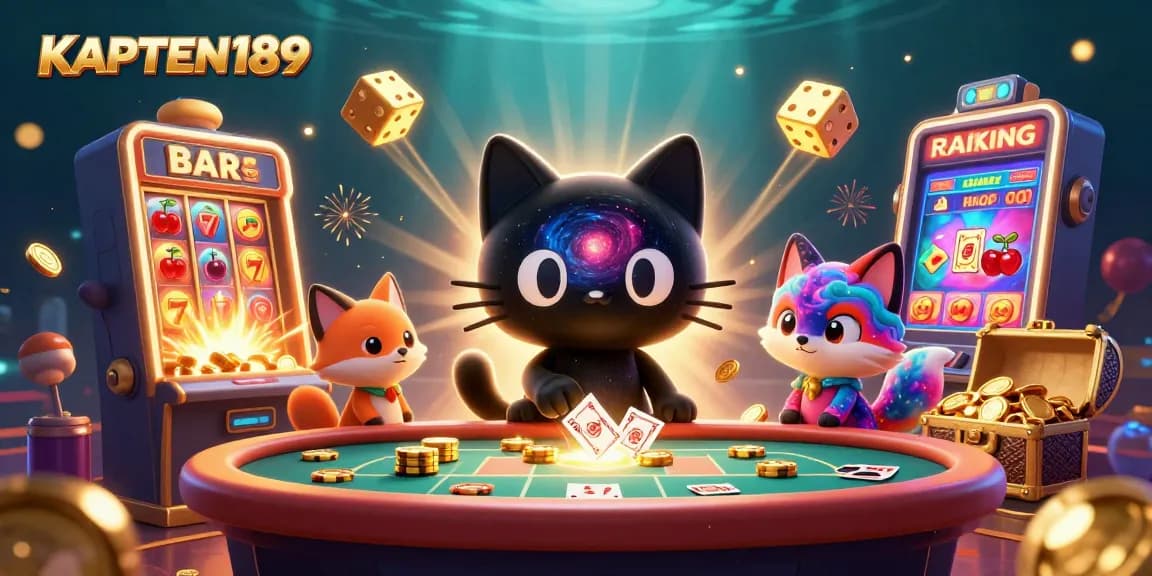 KAPTEN189 bawa keberuntungan dengan kucing hitam galaksi dan rubah nebula dalam ilustrasi kasino 3D