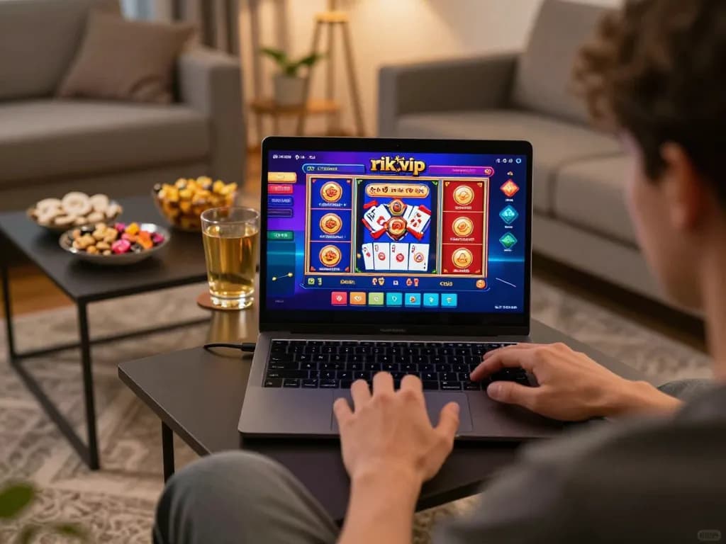 Engaging in rik vip online casino gameplay on a laptop in a cozy home setting.