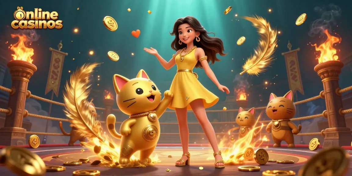 Engage with online casinos featuring a joyful woman and lucky cat in a vibrant casino scene.