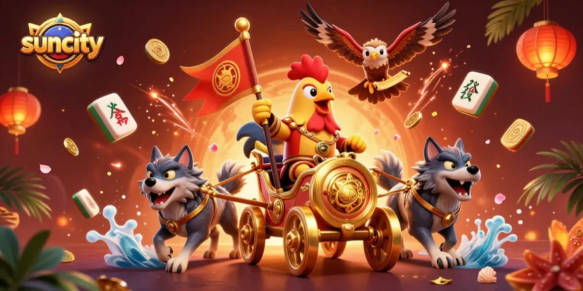 Suncity showcases an epic 3D casino scene with a rooster warlord and golden chariot amidst festive elements.