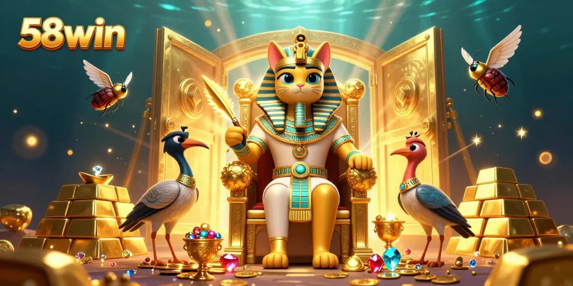 Experience thrilling wins at 58win, illustrated by an Egyptian pharaoh cat surrounded by treasures.
