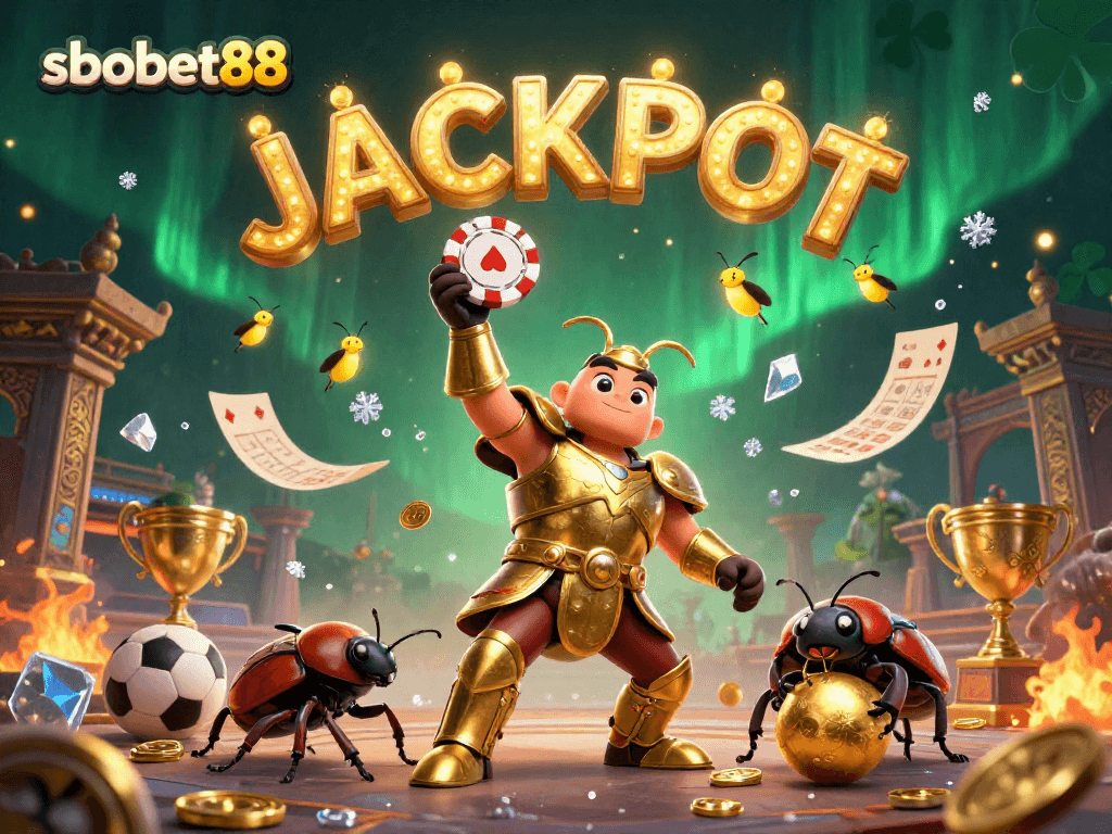 SBOBET88 sports betting victory illustration with a gladiator beetle lifting a poker chip and dynamic elements.