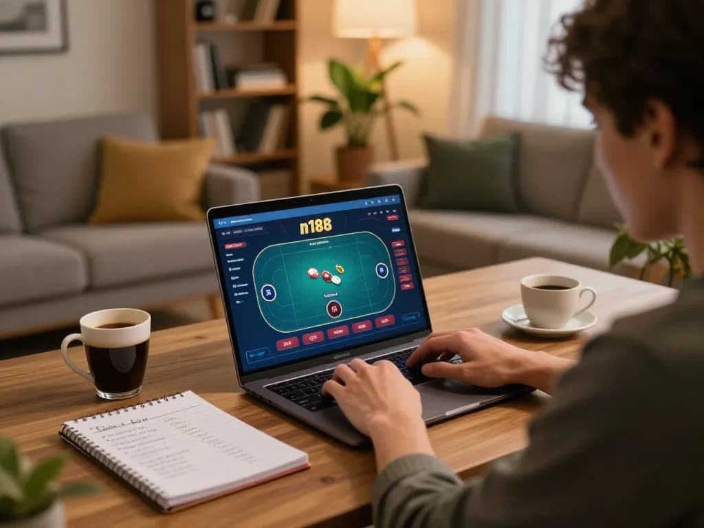 Player engaging in an online poker game on n188, with strategic notes on the table, in a cozy setting.