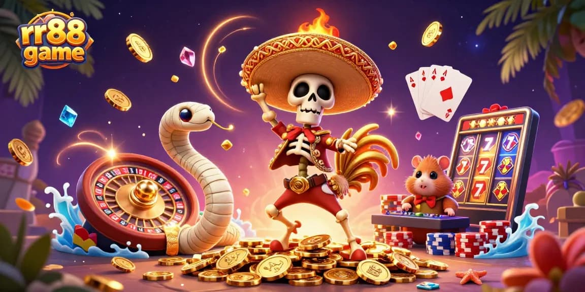 Experience rr88 game excitement with a vibrant 3D casino scene showcasing thrilling elements like golden coins and roulette.