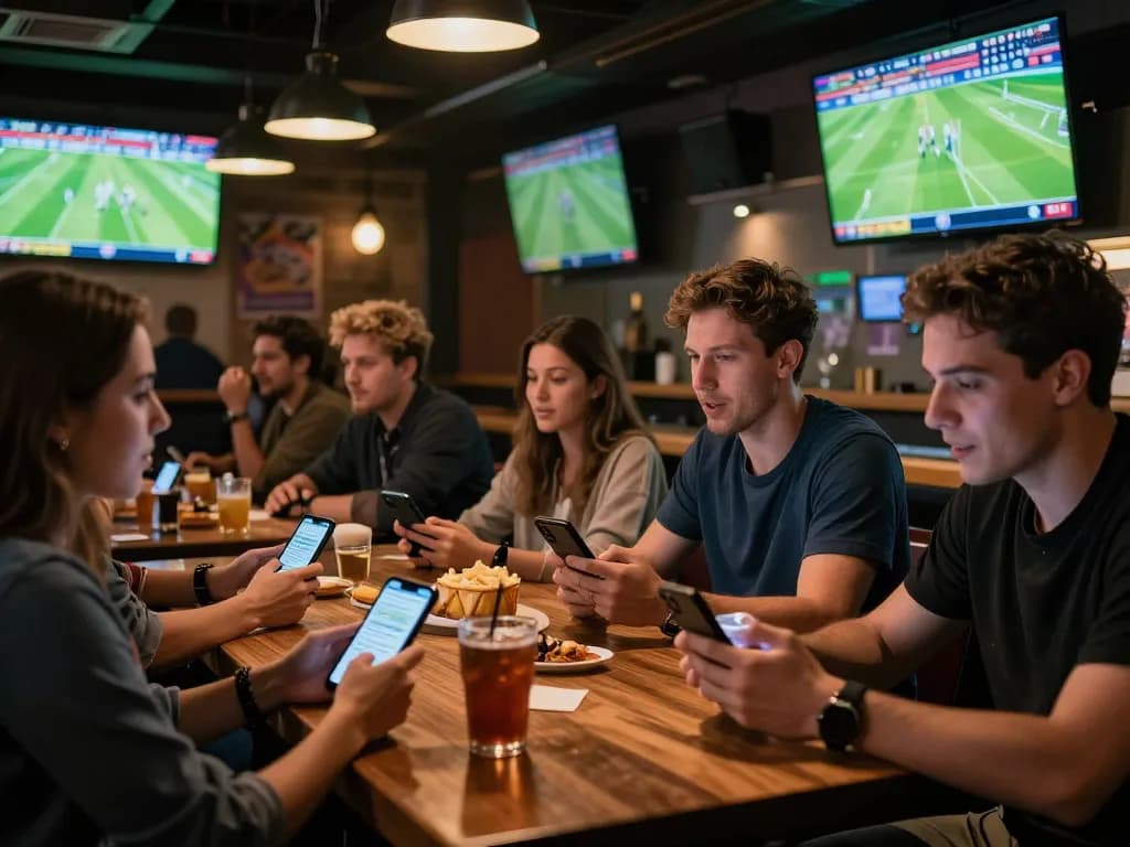 Kèo nhà cái 88 scene of engaged bettors in a lively sports bar placing bets on ongoing football matches.