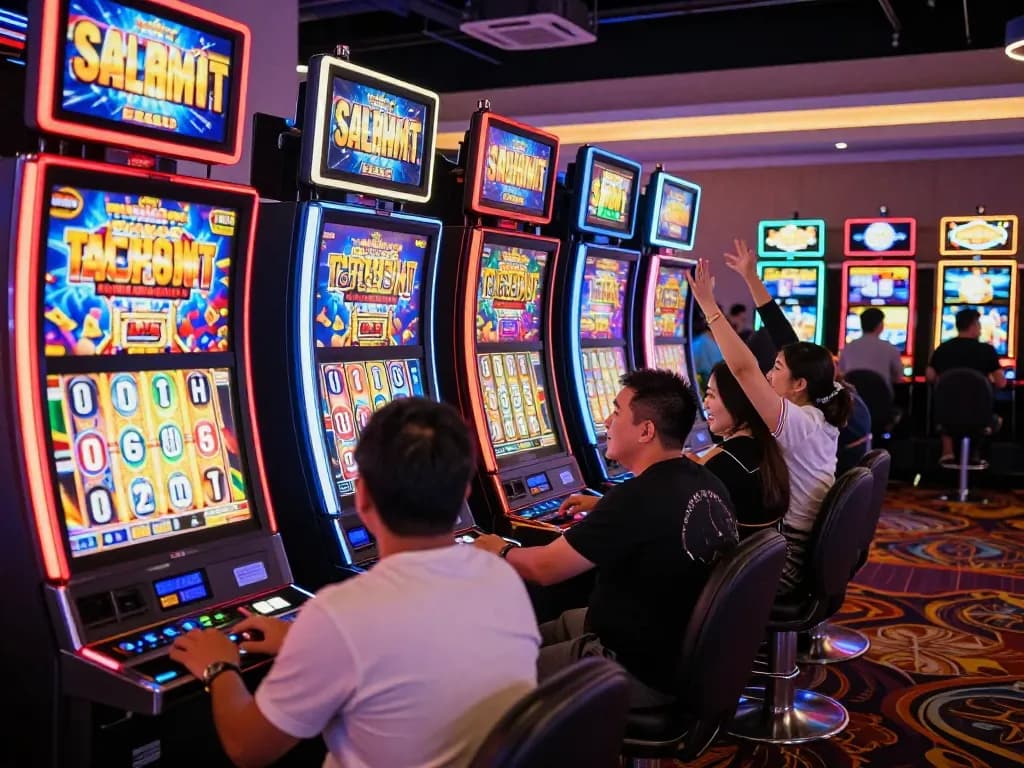 Engaged players experiencing the excitement of slot machines in a lively casino environment