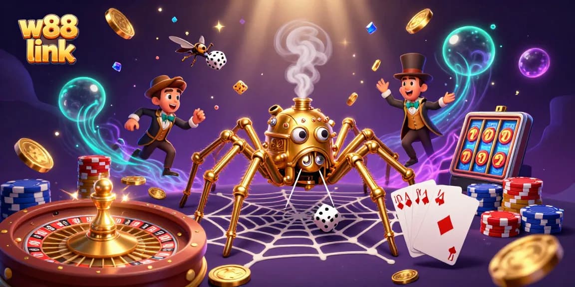 Engage with the dynamic w88 link scene showcasing a steampunk spider and gaming elements.