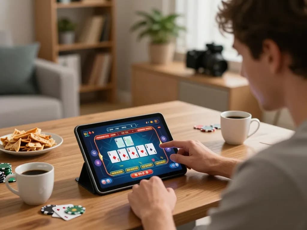 Player enjoying online gambling experience at trang chủ fun79 with a tablet in cozy home