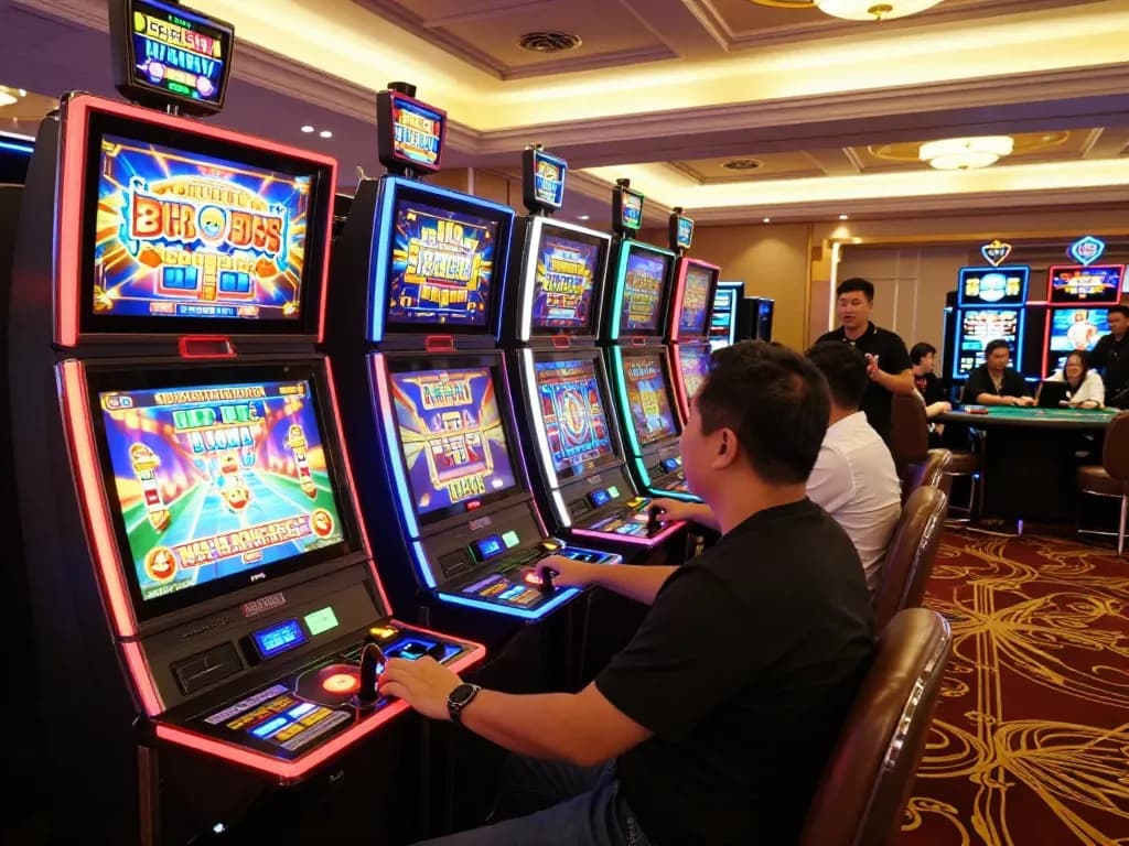IDCASH88 slot machines lighting up the casino with players excitedly engaging in spins