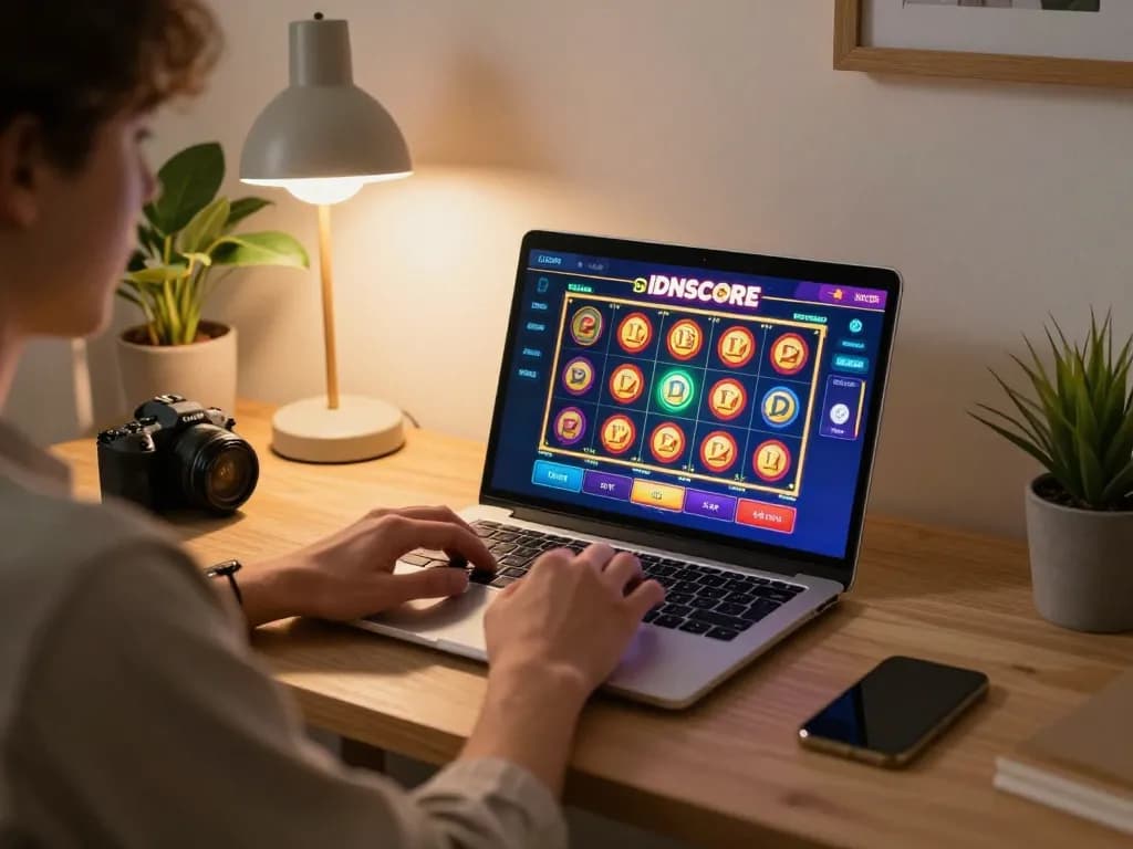 IDNSCORE player enjoying an exciting slot game on a laptop in a stylish home office