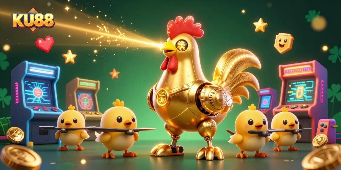 Experience thrilling gameplay at KU88 with a golden rooster robot and vibrant casino elements.