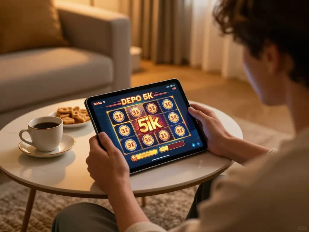 Engaging gaming session on slot depo 5k with person using tablet for online betting