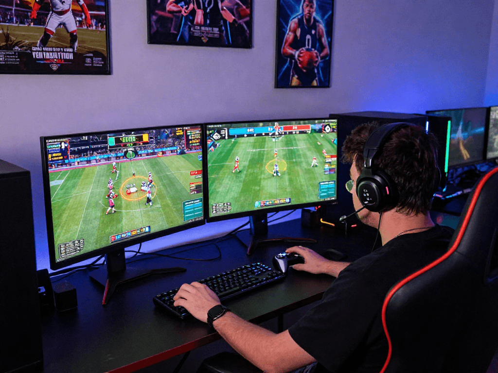 Engaged player using Playexch247 at a vibrant gaming setup, showcasing live sports betting and casino games.