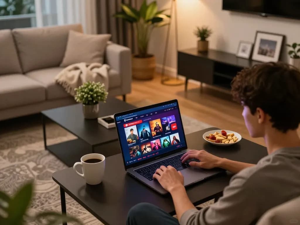 Enjoying ดูหนังออนไลน์ on a laptop in a cozy home setting with snacks and warm lighting