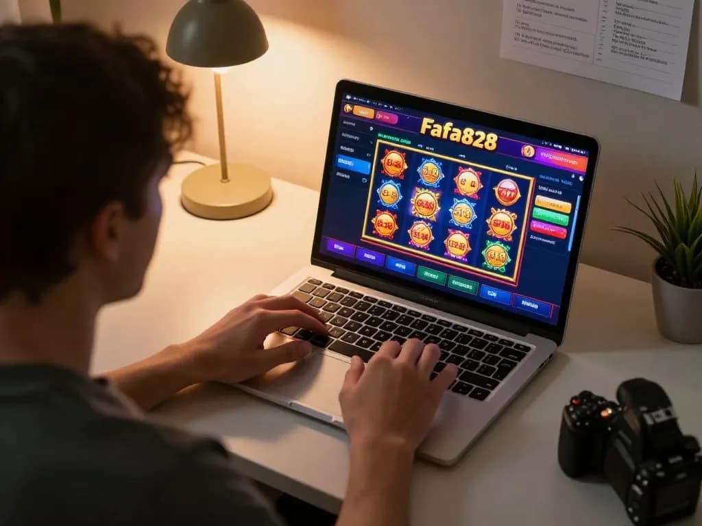 ผู้เล่นสนุกกับเกมสล็อตออนไลน์ Fafa828 บนแล็ปท็อป โดยมีโน้ตกลยุทธ์และแสงสว่างอบอุ่นรอบตัว