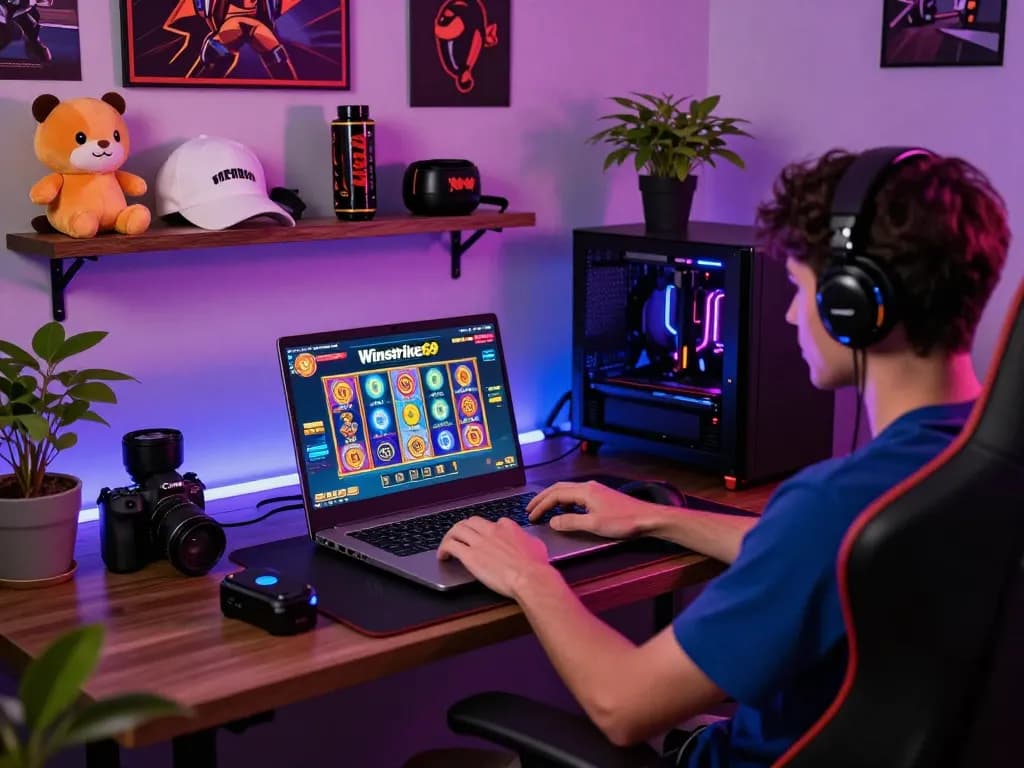 Engaging Winstrike69 gaming scene with vibrant slot games and tech setup.