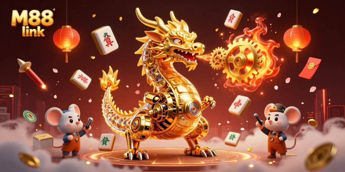 Engage with the thrilling M88 link experience, featuring a dynamic dragon and golden game elements.