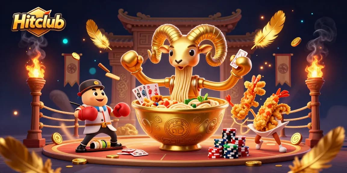Hitclub's vibrant scene showcases a golden ramen bowl character dealing cards with chips amidst dynamic casino elements.