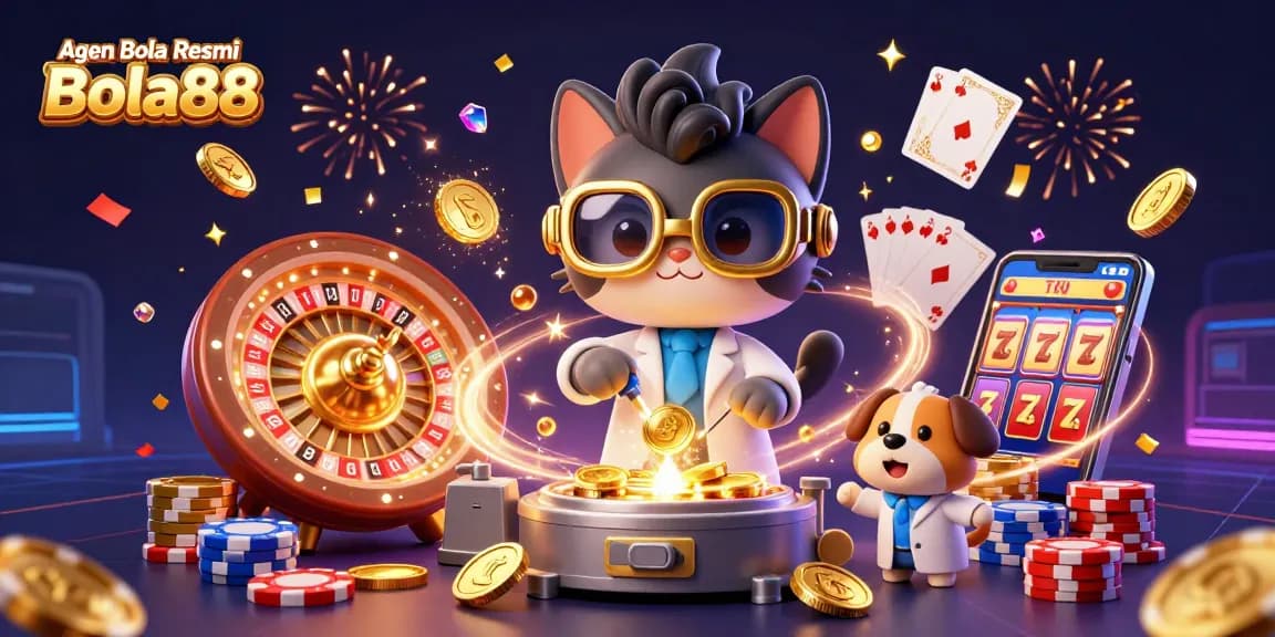 Agen Bola Resmi Bola88 showcases a vibrant 3D illustration with dynamic casino elements, featuring a mad scientist cat and dog amidst cascading golden coins and roulette wheels.
