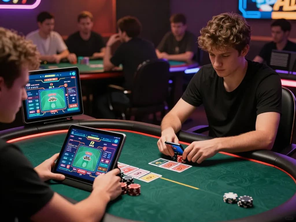 Players utilizing digitalgamesprices.com/xboxone.html to engage in online poker via MPOSPORT app on various devices.