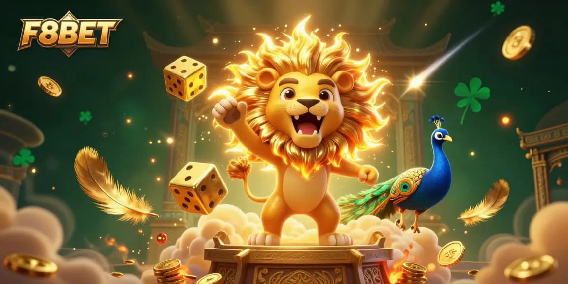 Engage with F8BET to unleash thrilling wins in a vibrant casino scene featuring a roaring lion and golden gaming elements.