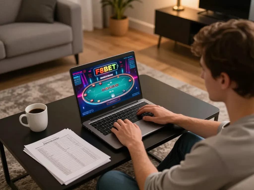 Player enjoying a poker game on F8BET in a cozy living room, highlighting strategic gameplay and relaxation.