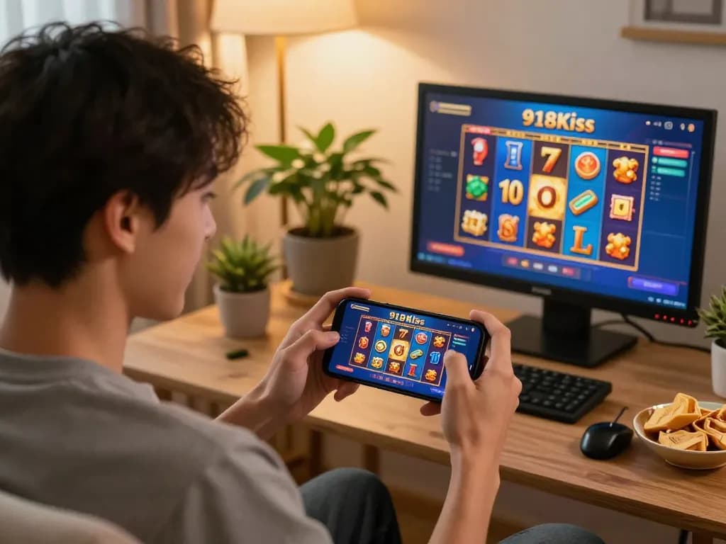 Excited player celebrating free credit 918kiss win on mobile in cozy home setting.