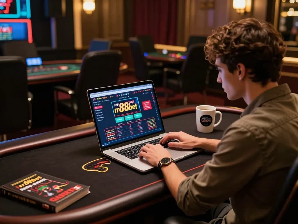 Person engaged in online gaming on rr88bet, showcasing a sleek gaming setup with laptop and strategy notes.