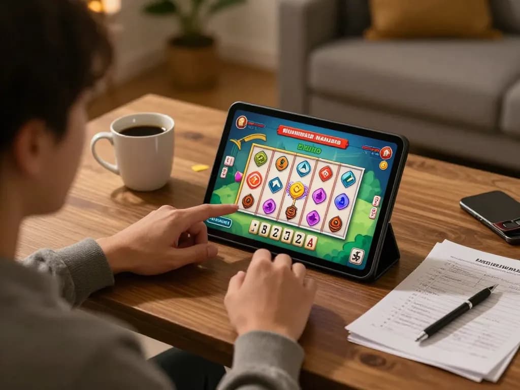 Player immerses in slot mahjong gaming on a tablet, showcasing interactive gameplay and strategic notes.