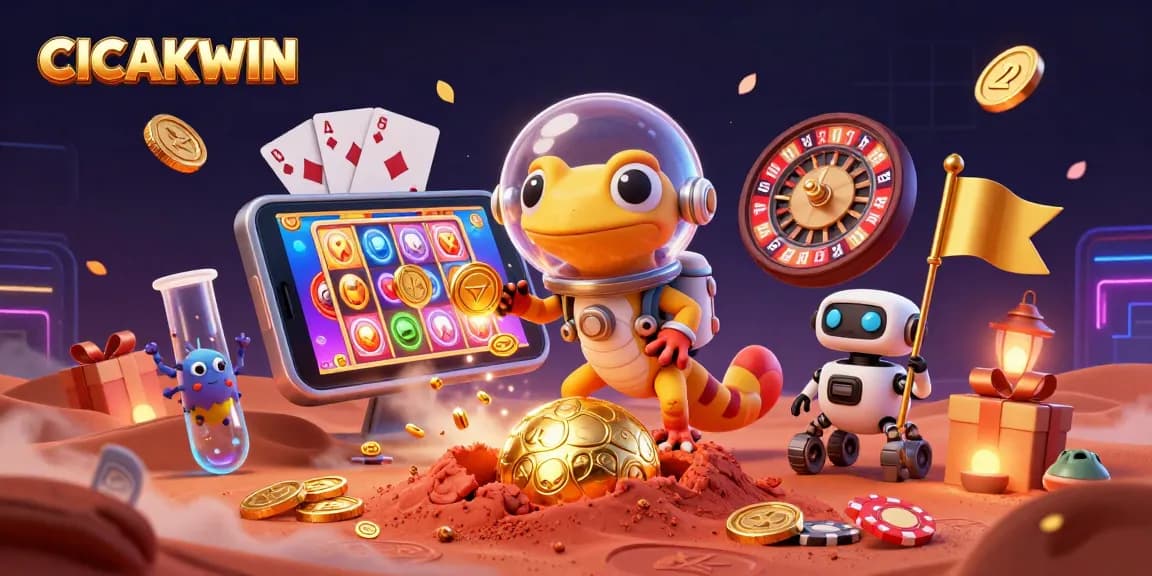 CICAKWIN offers thrilling slot gaming adventures alongside a Martian gecko discovering a golden casino