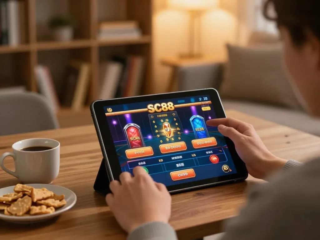 Engaging with Thương Hiệu SC88 through tablet in a cozy home setting, promoting responsible and strategic online gambling.