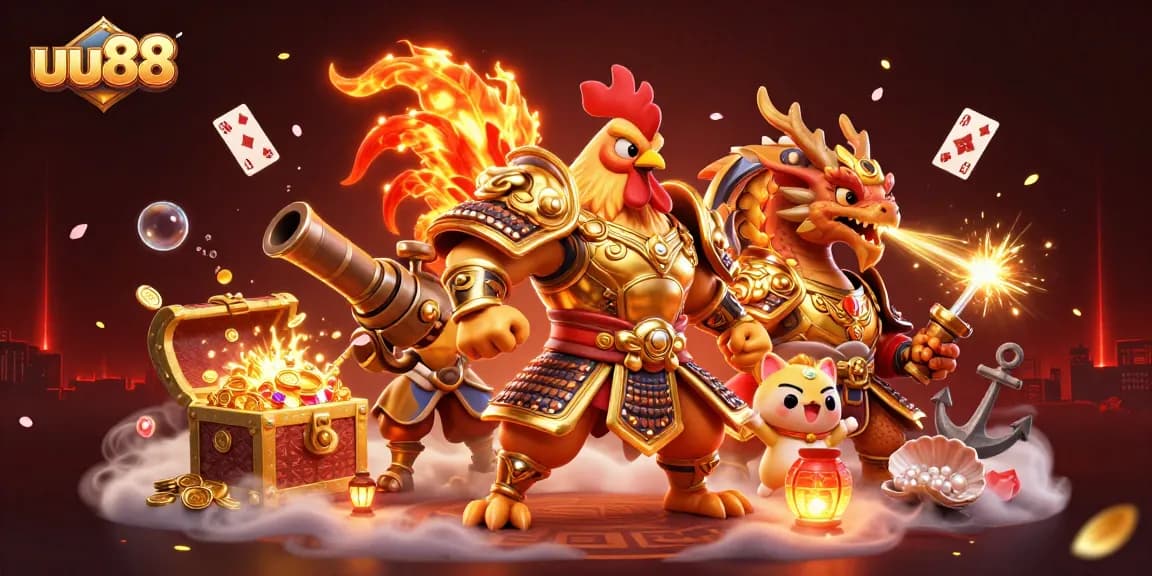 Win big at uu88 with a dynamic battle scene featuring a rooster warrior and dragon hatchling amidst treasure!