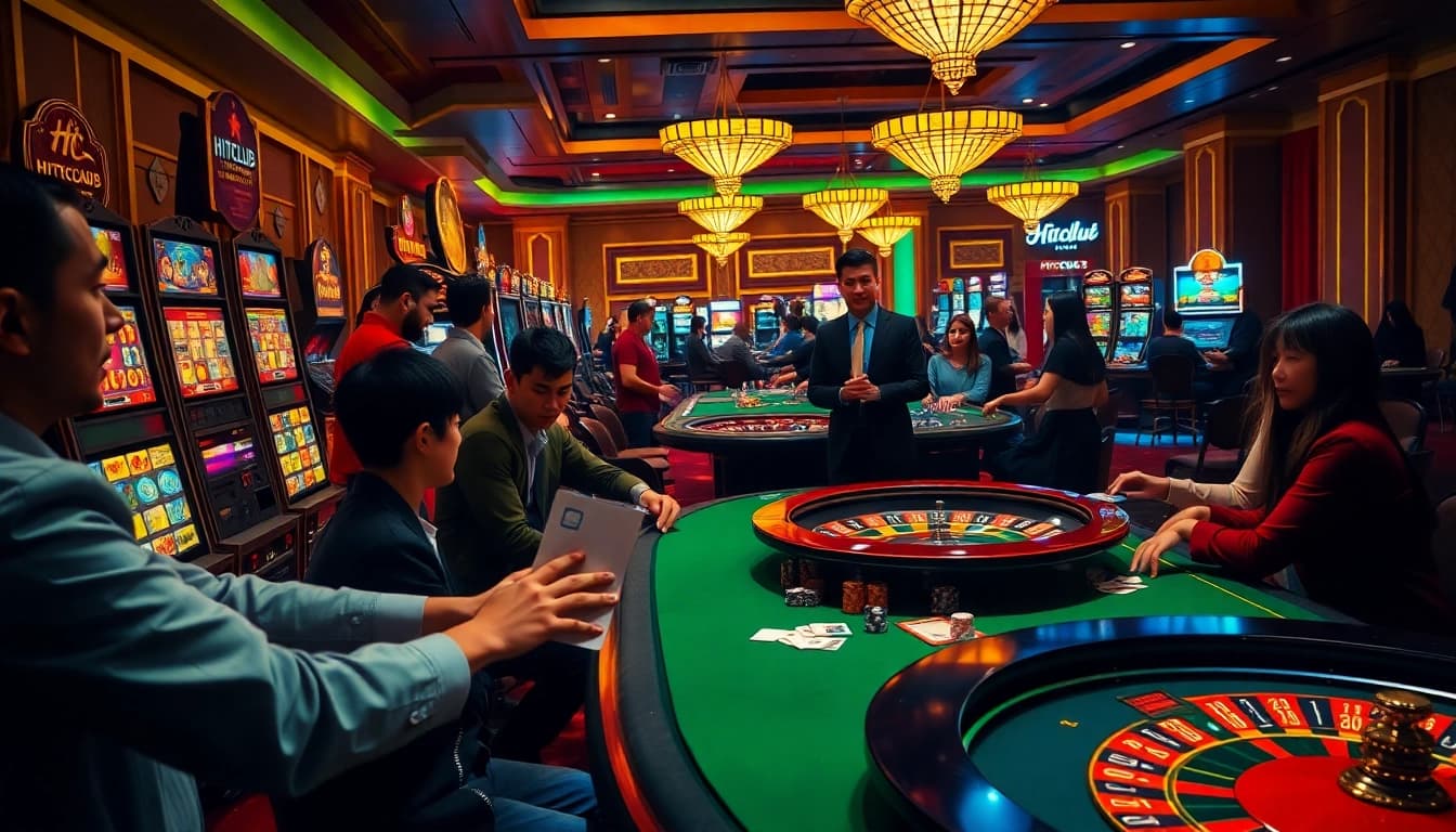 Hitclub gaming scene with poker tables and slot machines creating an exciting casino atmosphere.