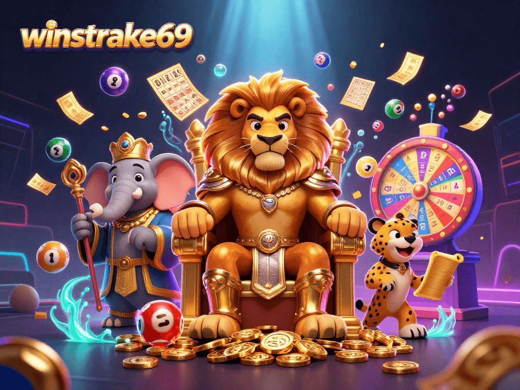 Experience the excitement of winstrike69 with vibrant lottery elements and royal characters in a dazzling 3D casino scene.