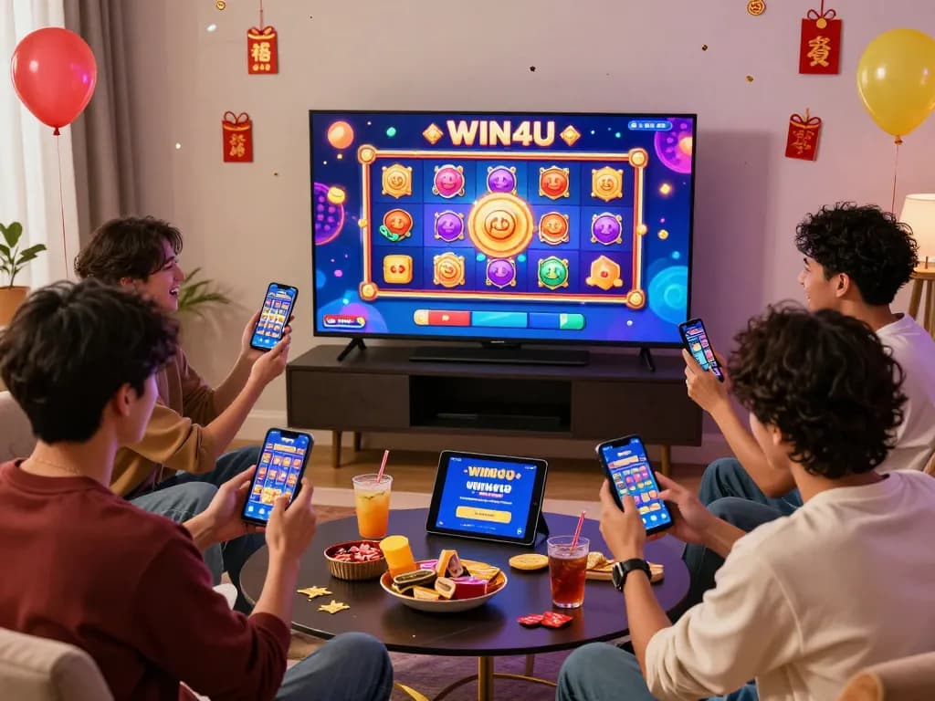 Friends enjoying w4u slot game on WIN4U app in a festive, colorful gaming environment.