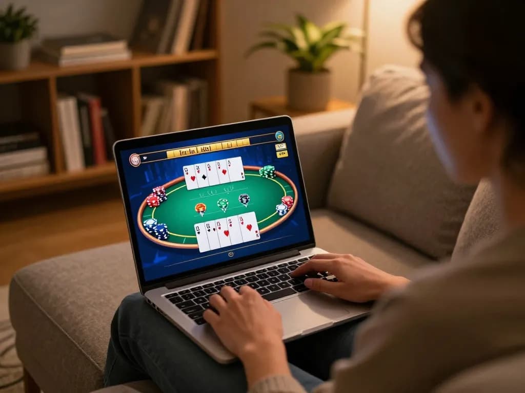 Person plays poker on c168's online platform from the comfort of home, showcasing strategic gameplay and engagement.