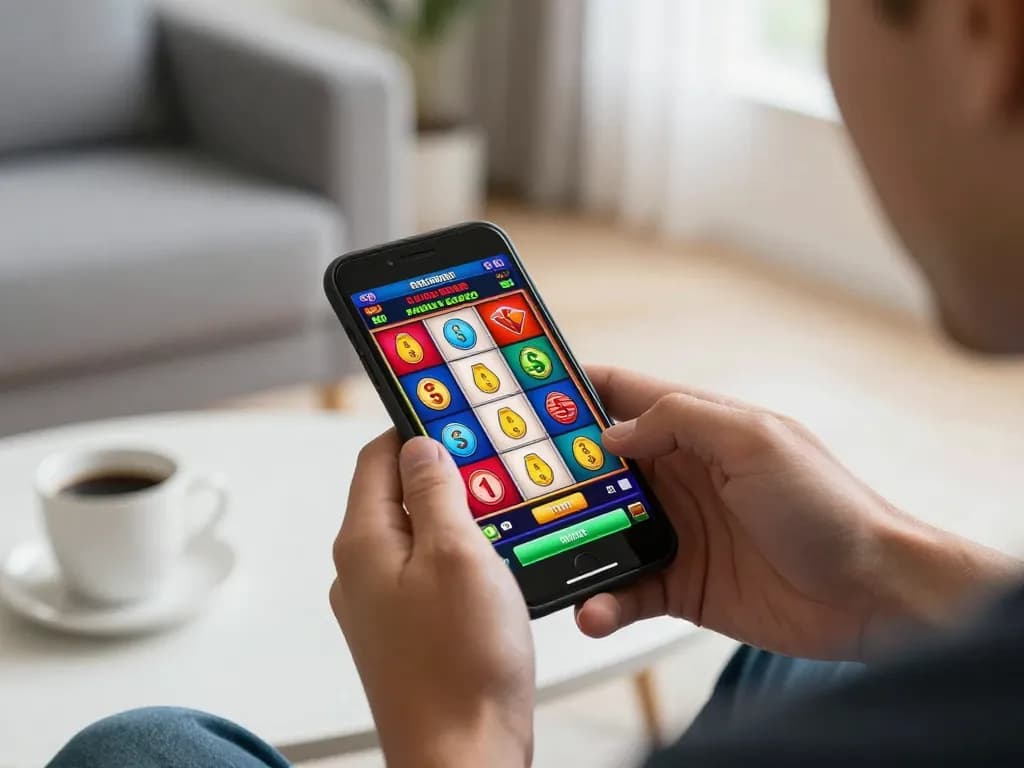 Player enjoying situs slot game on smartphone in cozy home setting, highlighting colorful reels and strategic engagement.