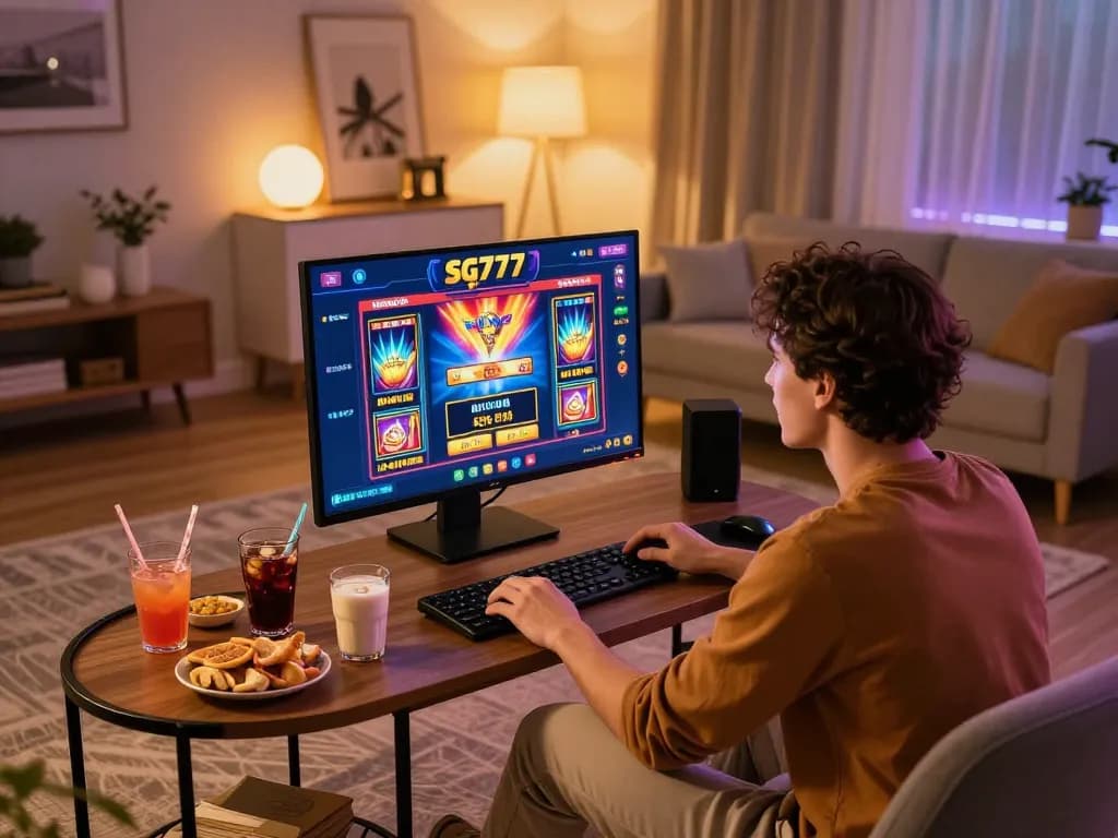 Engaging in exciting sg777 online slot games in a cozy home gaming setup.