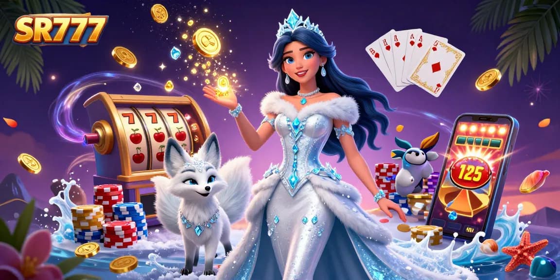 Putar gulungan slot SR777 dengan permata yang jatuh dan koin emas di kasino online yang menakjubkan.