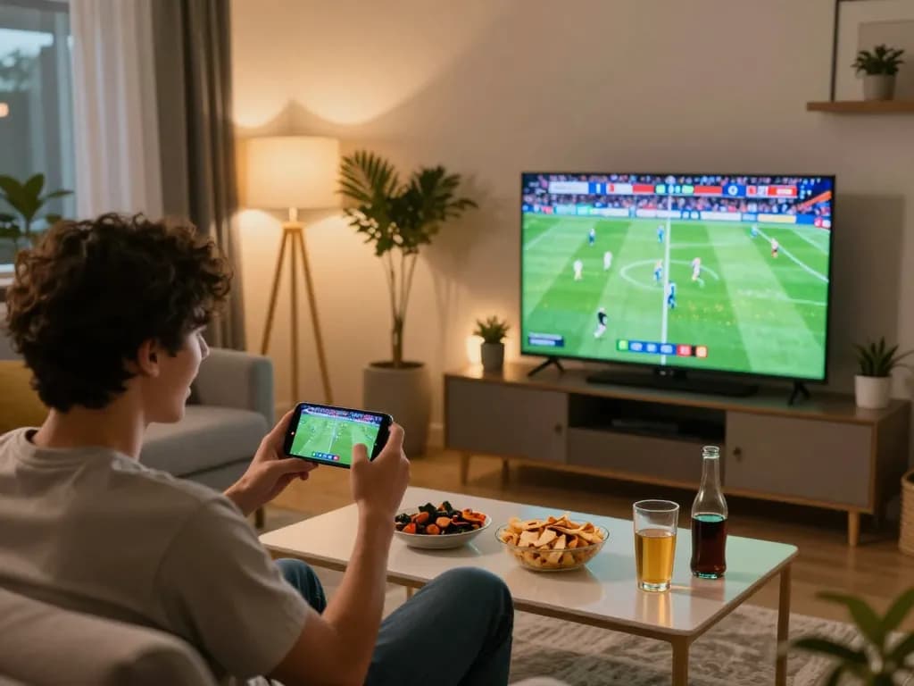 Person engaging in real-time bets on cakhiatv while watching live sports match on TV