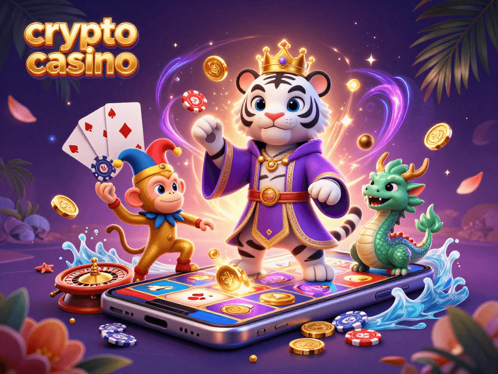 Experience an enchanting crypto casino scene with a majestic tiger, playful monkey, and dragon, showcasing 3D games and vibrant energy.
