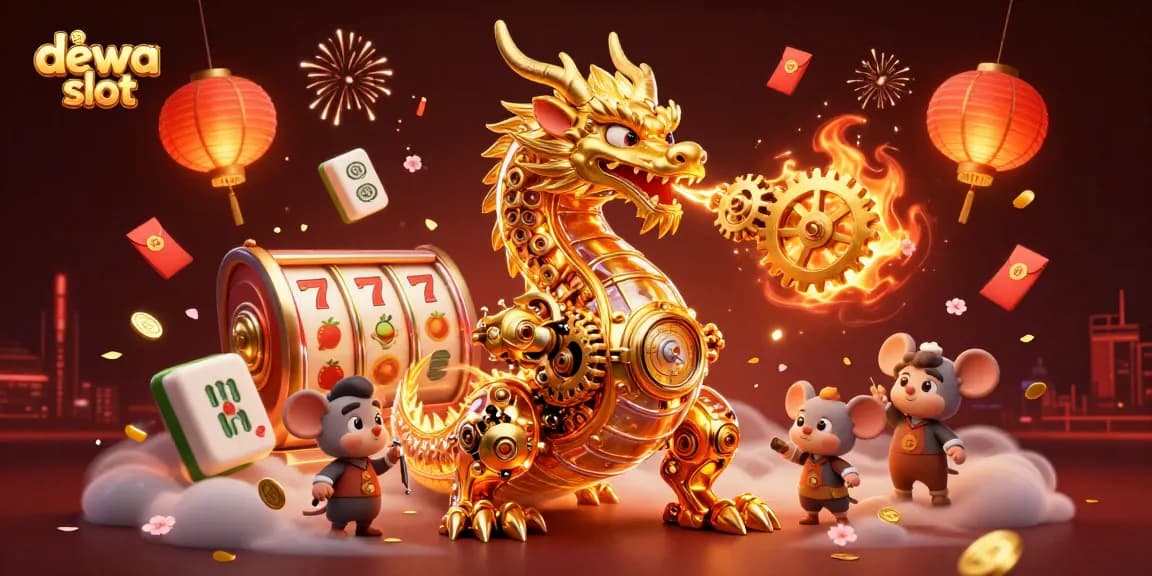 Gambarlah momen bermain dewa slot dengan mesin slot dan simbol keberuntungan yang menyebar di latar belakang.