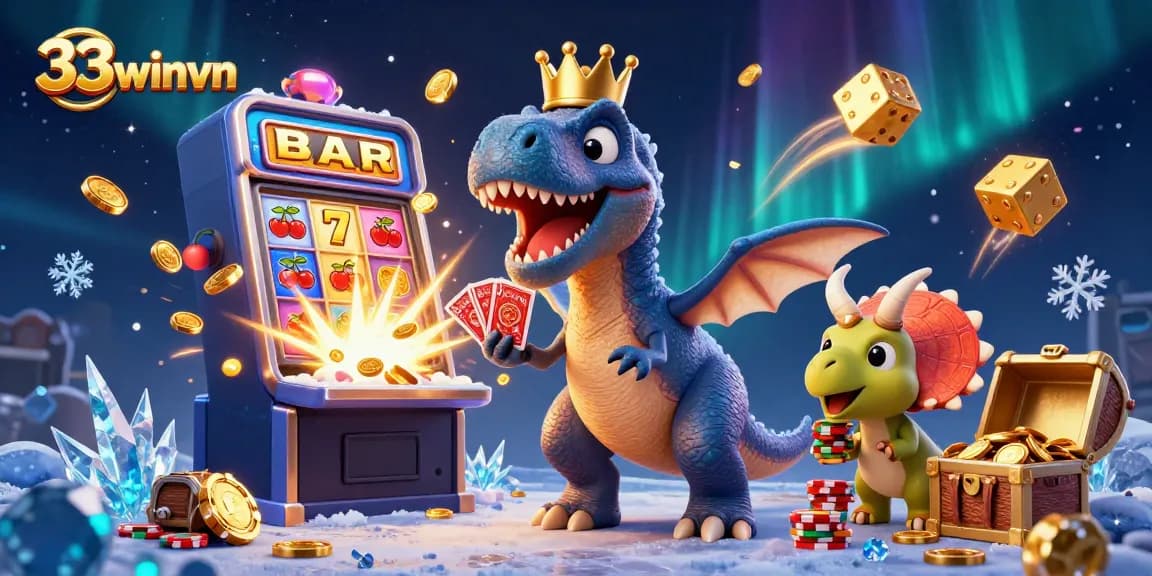 33winvn T-Rex and friends enjoying a vibrant casino scene with cards, chips, and jackpots.