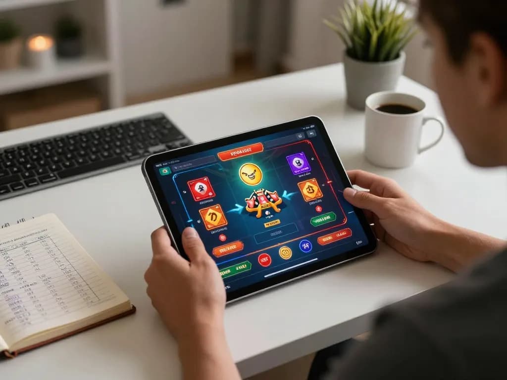 Engaged user exploring dn88 casino app with tablet, betting strategies visible in a cozy home setting.