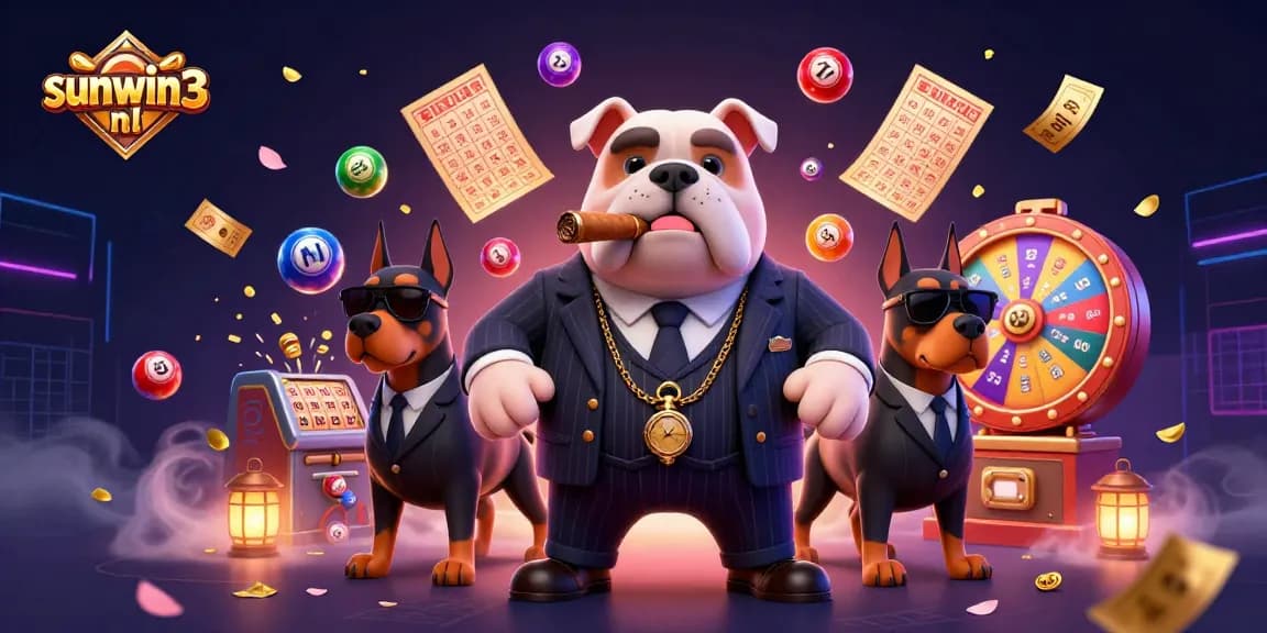 Engage with thrilling gaming action at sunwin3 nl with a vibrant 3D illustration of a mafia boss and lottery elements.