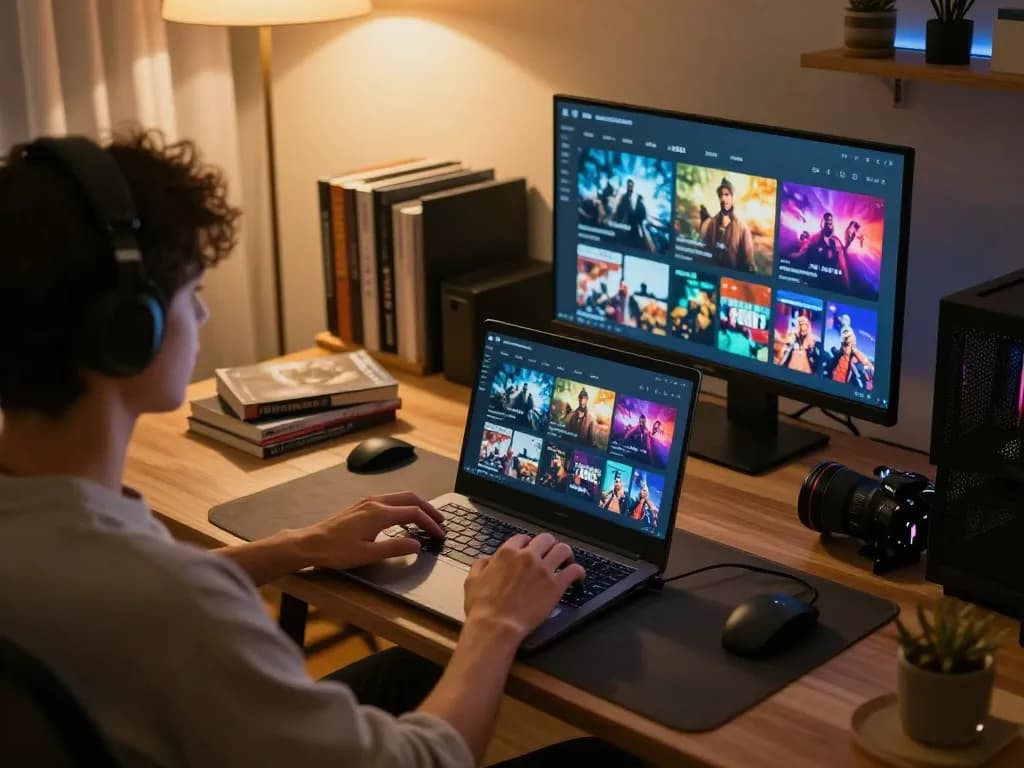 Engaging scene of a player enjoying ดูหนังออนไลน์ on a laptop, creating a cozy home entertainment atmosphere