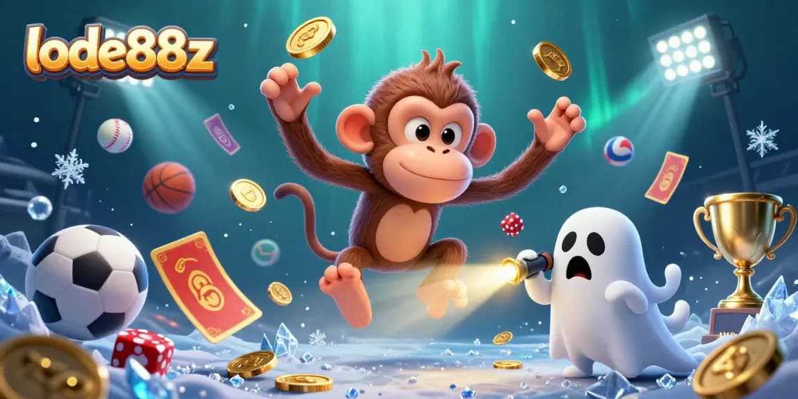 Engage with lode88z in an action-packed, colorful casino illustration featuring a playful monkey and ghost-hunter puppy.