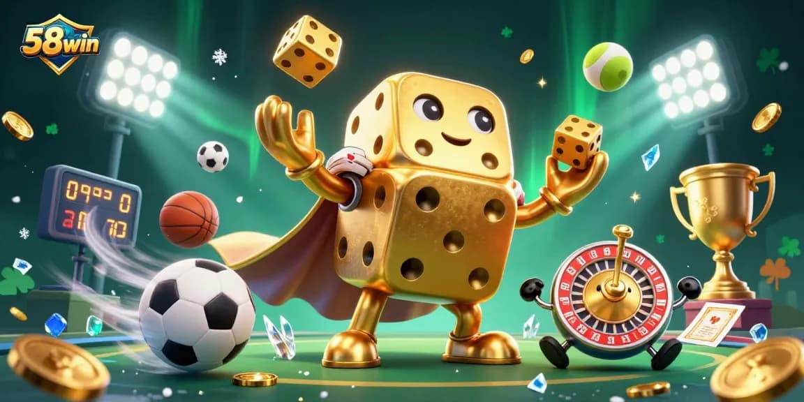 Engage in thrilling bets with 58win's dynamic 3D illustration featuring sports and casino elements.