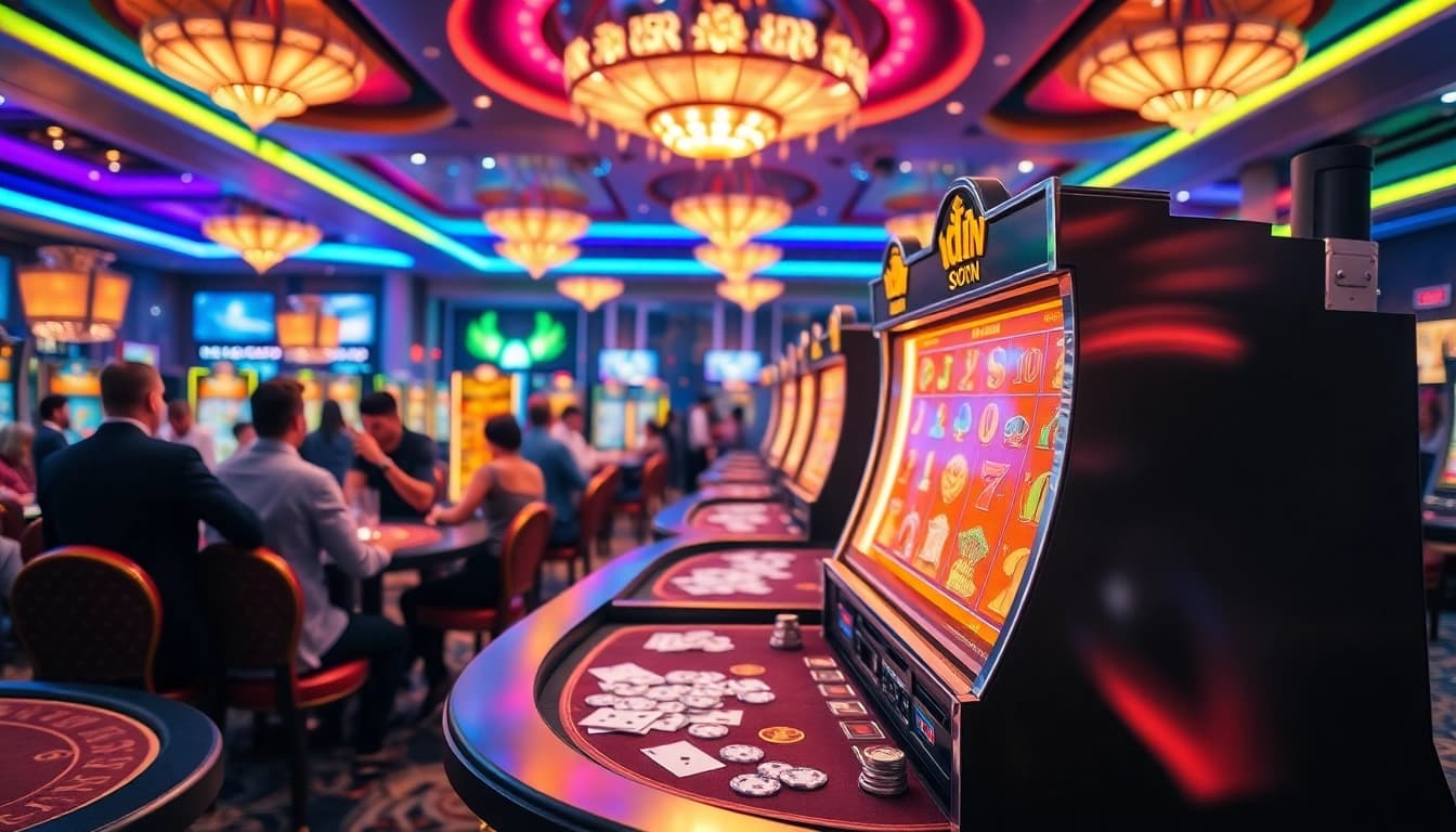 An exciting scene featuring an idn slot machine at a luxurious casino with vibrant lights and eager players.